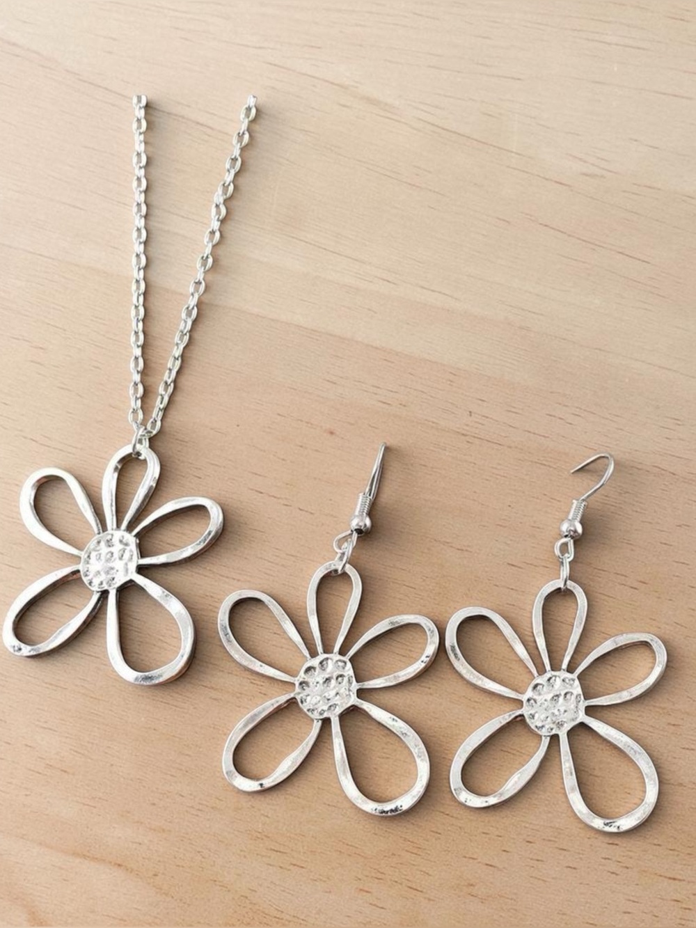 Silver Floral Pendant Necklace and Earrings Set - Dainty Flower Jewelry-New!!